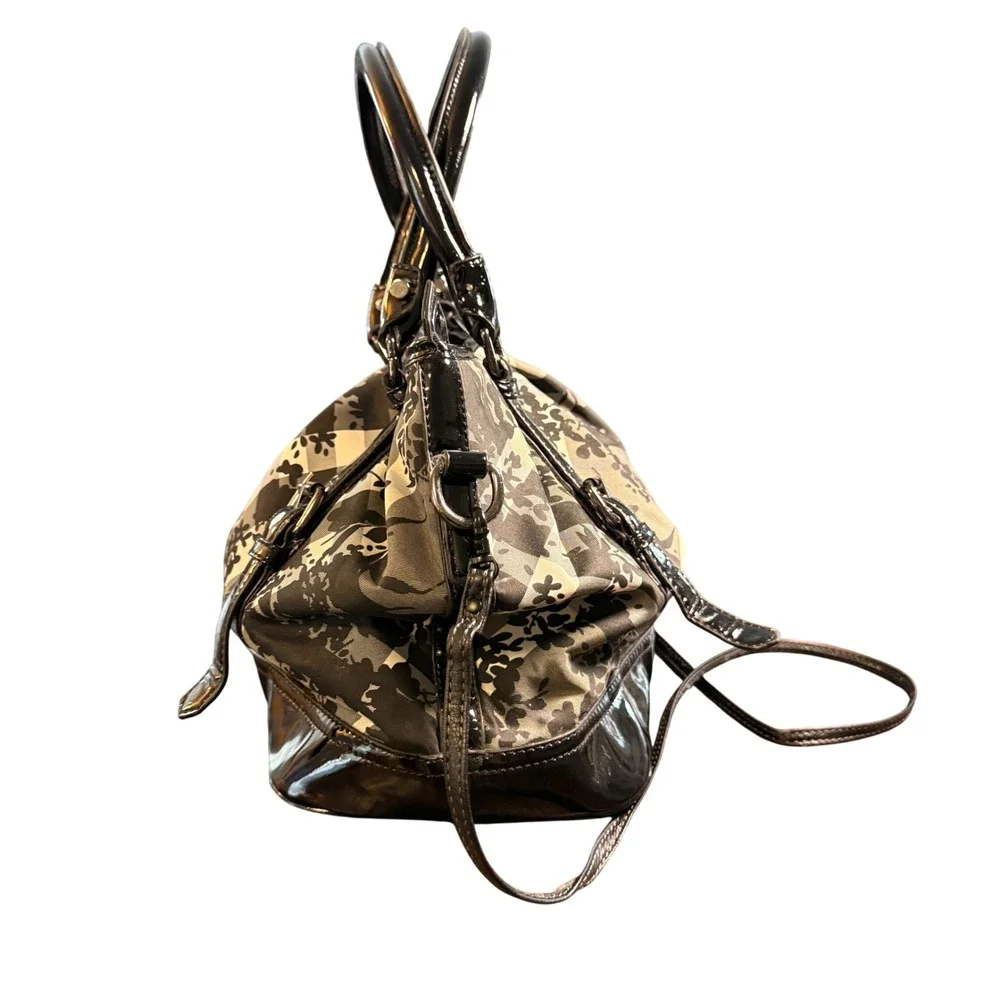Floral Plaid Check Satchel Bag‎ Black White Patent Trim Purse Tote Crossbody